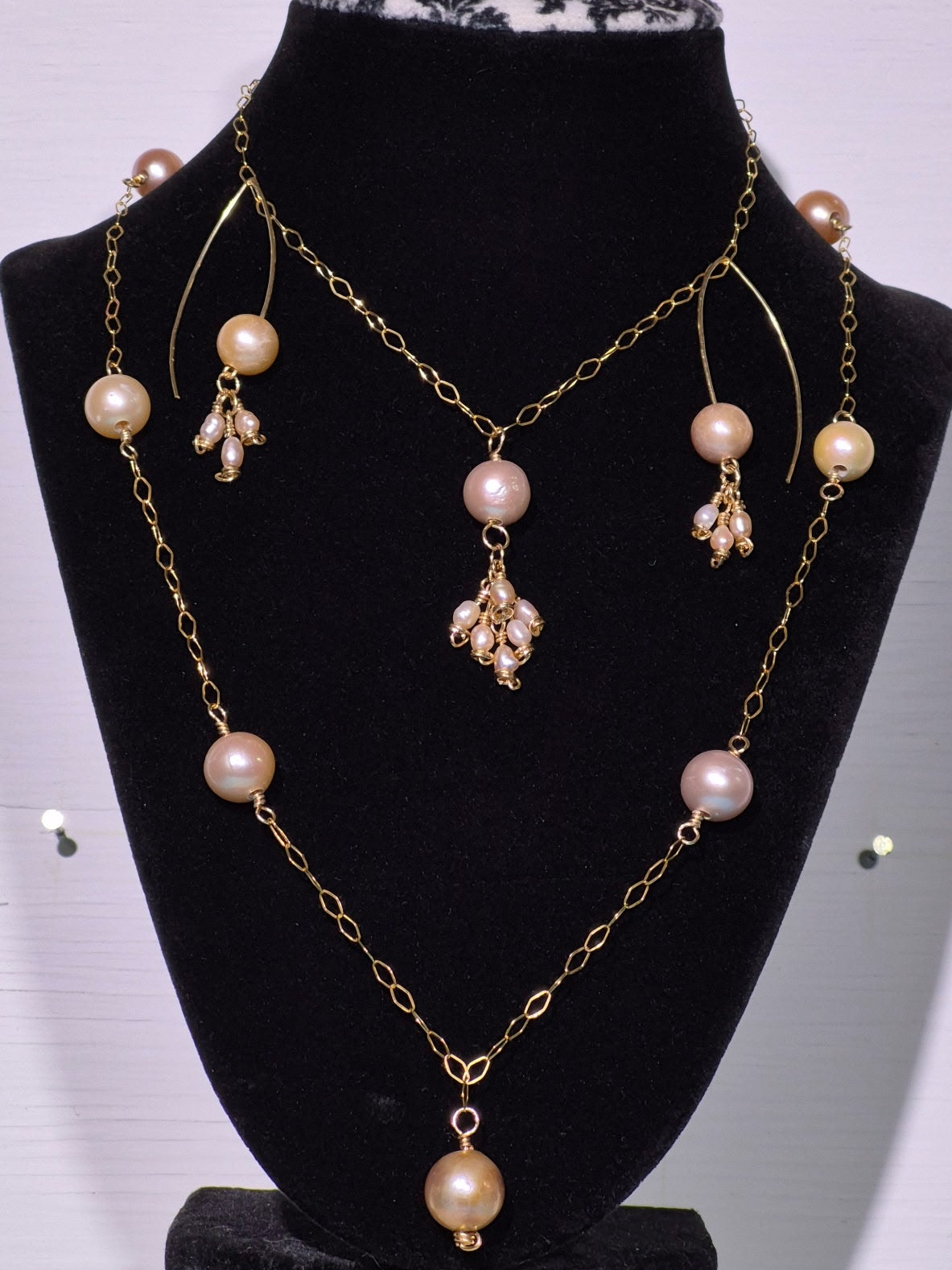 Edison Pearl Necklace | 7 Pearl Strand | 3 Floating Pearl Necklace & Earring Set