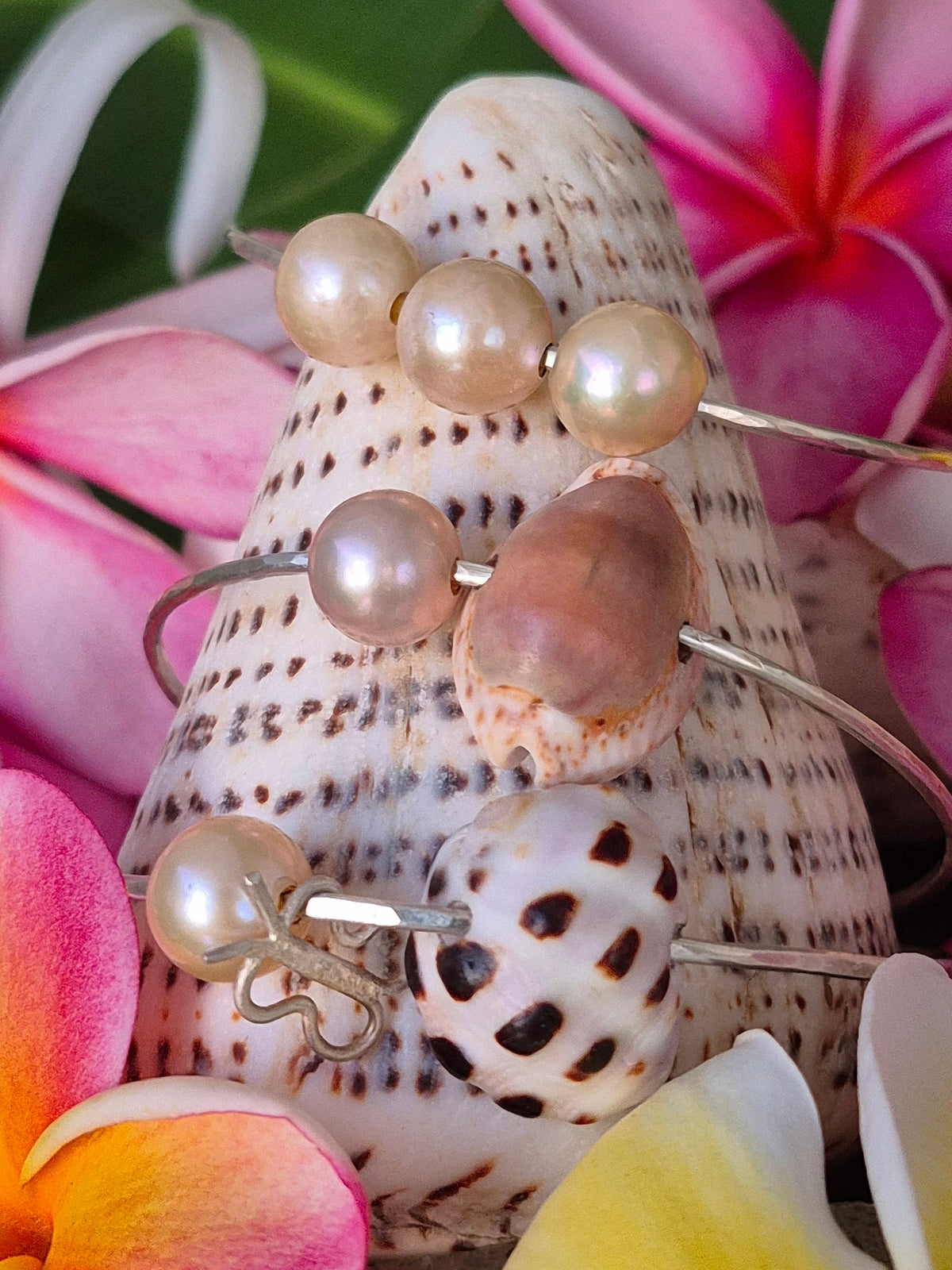 Bangles | 3 Edison Pearls | Drupe Shell & Pearl| Cowry Shell & Pearl| Sterling Silver