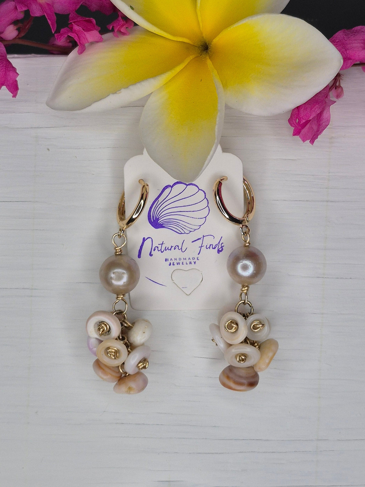 1.5" Tahitian Pearl Earrings w/ Kahelelani or Puka Shell | 14k Gold Filled & Sterling Silver