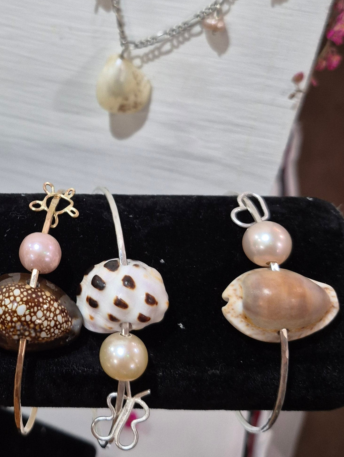 Bangles | 3 Edison Pearls | Drupe Shell & Pearl| Cowry Shell & Pearl| Sterling Silver