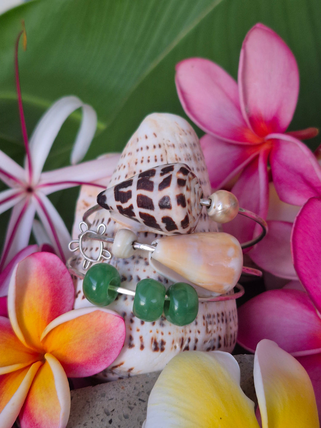 Bangles | Wavy Style & Jade | Hebrew Cone & Tahitian Pearl | Pink Cone & Honu Charm| Sterling Silver