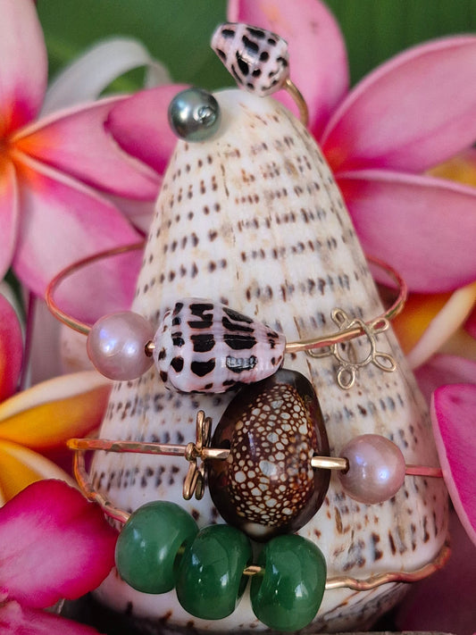 Bangles | Hebrew Cone, Edison Pearl & Honu Charm | 3 Jade Wavy Style | Cowry Shell, Pearl & Flower Charm | 14k Gold Filled