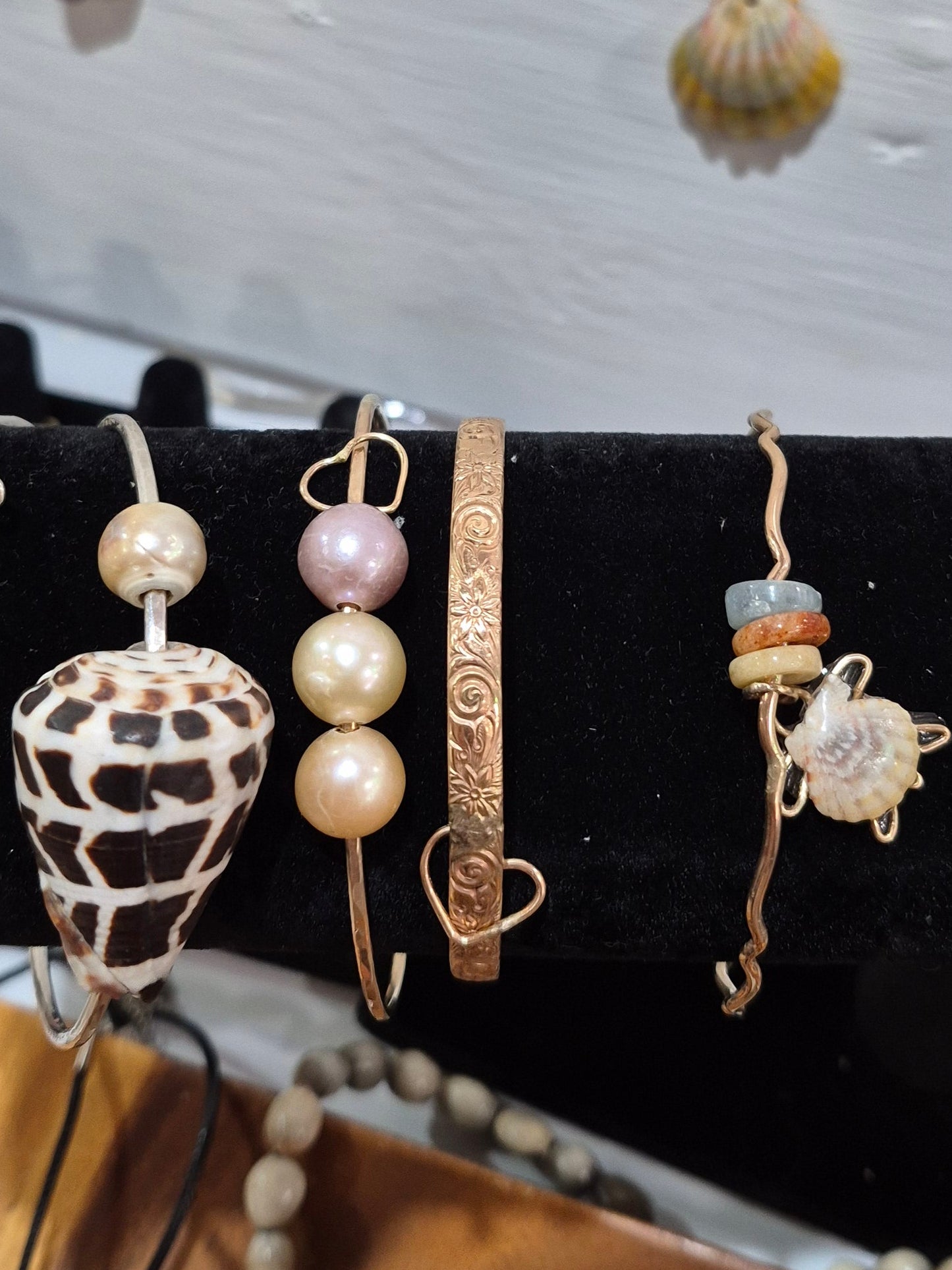 Wavy Bangle | Sunsrise Shell Turtle Charm | Jade Beads | 14k Gold Filled