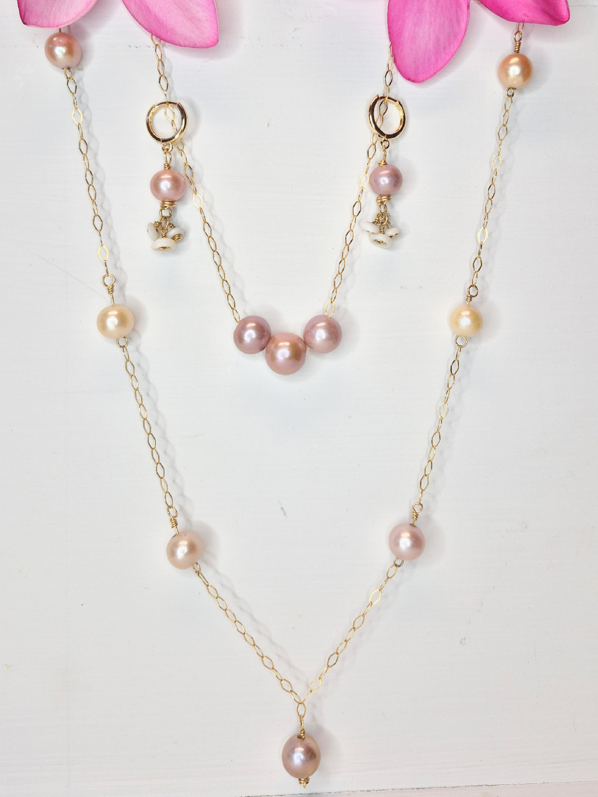 Edison Pearl Necklace | 7 Pearl Strand | 3 Floating Pearl Necklace & Earring Set